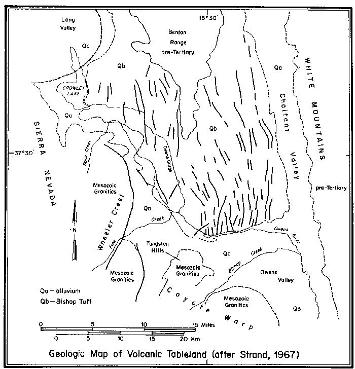 Map showing relationships of Volcanic Tableland and Bishop Tuff to Sierra Nevada, White Mountains, and the Owens Valley.