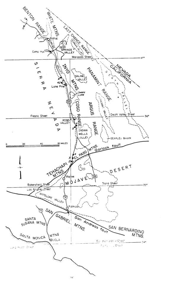 Figure 1-General field trip route map showing stops for first day (1-8), second day (part, 15-16) and fourth day (part, 42)